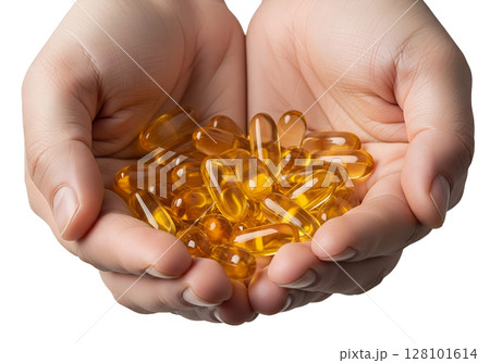 Hands holding pile of fish oil capsules, omega-3 supplement, health and wellness, isolated on transparent background, softgel pills Hands holding pile of fish oil capsules, omega-3 supplement, health and wellness, isolated on transparent background, softgel pills 128101614