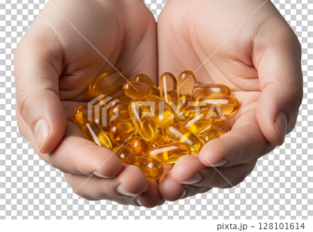 Hands holding pile of fish oil capsules, omega-3 supplement, health and wellness, isolated on transparent background, softgel pills Hands holding pile of fish oil capsules, omega-3 supplement, health and wellness, isolated on transparent background, softgel pills 128101614