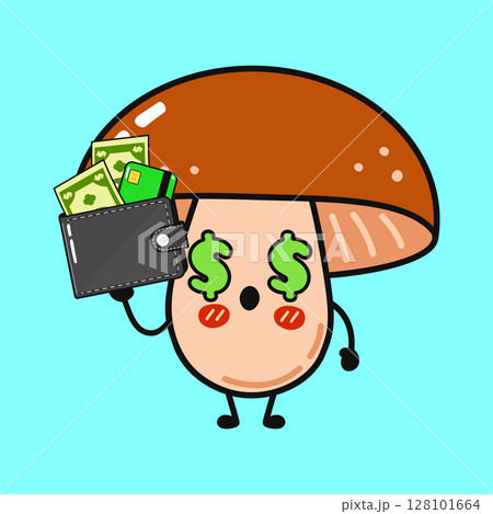 A cartoon mushroom with dollar eyes holds cash and a credit card in a wallet. 128101664