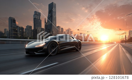 A black sports car races down a highway as the sun sets over the city A black sports car races down a highway as the sun sets over the city 128101678