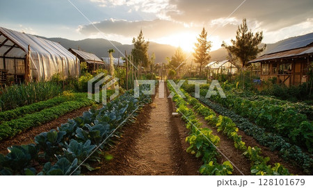 Vibrant sunset over a beautiful organic farm with rows of fresh crops growing. Vibrant sunset over a beautiful organic farm with rows of fresh crops growing. 128101679