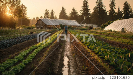 A farmer inspects rows of vegetables in a sunlit field, showcasing agricultural life. A farmer inspects rows of vegetables in a sunlit field, showcasing agricultural life. 128101680