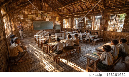 A glimpse into a rural classroom in Myanmar, where children learn. 128101682