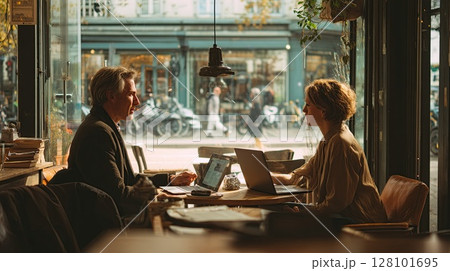 Two people collaborate over laptops in a sunny cafe, discussing ideas. Two people collaborate over laptops in a sunny cafe, discussing ideas. 128101695
