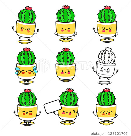 These adorable cartoon cactus characters showcase a variety of emotive expressions, perfect for conveying feelings. 128101705