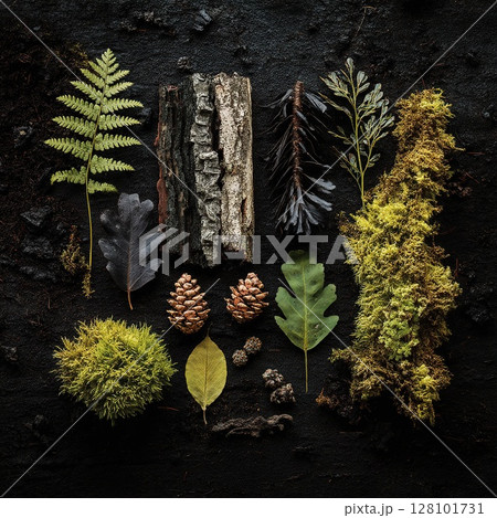 A stunning still life featuring an array of natural forest elements artfully arranged on a dark surface. A stunning still life featuring an array of natural forest elements artfully arranged on a dark surface. 128101731