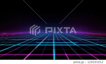 Retro neon grid background with glowing blue and purple lines in perspective. 128101812