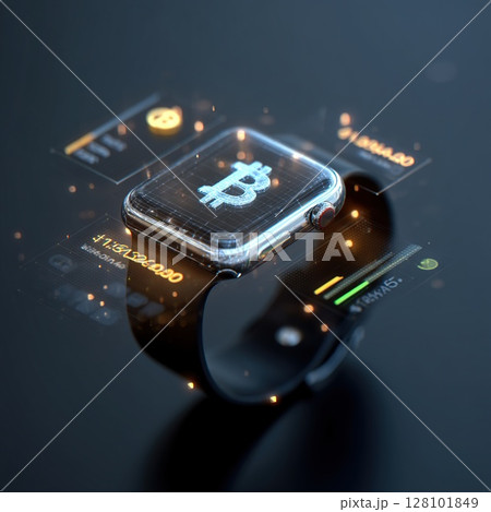 A close-up of a futuristic smartwatch showcasing digital interface and technology. 128101849