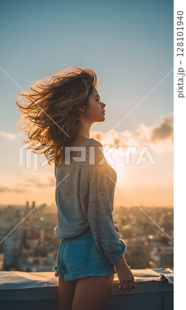A beautiful woman enjoying the sunset on a rooftop with the city in the background. 128101940