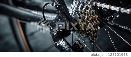Detailed view of a bicycle drivetrain, glistening with water droplets, in a moody black and white image. 128101958