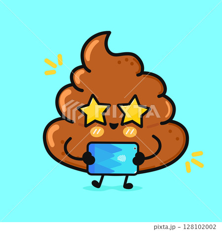 A funny cartoon poop emoji with star eyes taking a selfie with a tablet. A funny cartoon poop emoji with star eyes taking a selfie with a tablet. 128102002