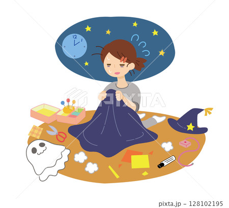 仮装の準備で徹夜する先生(ハロウィン素材) 仮装の準備で徹夜する先生(ハロウィン素材) 128102195