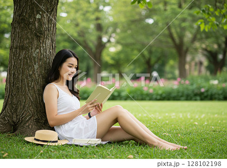 woman reading a book in the park 128102198