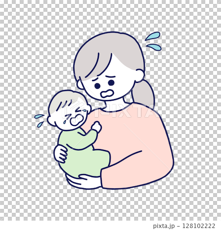 A woman in trouble holding a crying baby A woman in trouble holding a crying baby 128102222