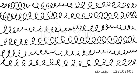 Seamless pattern of hand drawn spiral lines in black on white background. Abstract squiggle loops and curly strokes create a playful, dynamic texture. Seamless pattern of hand drawn spiral lines in black on white background. Abstract squiggle loops and curly strokes create a playful, dynamic texture. 128102609