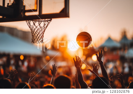 Dynamic Evening Basketball Game at Outdoor Arena with Enthusiastic Players and Spectators 128102876