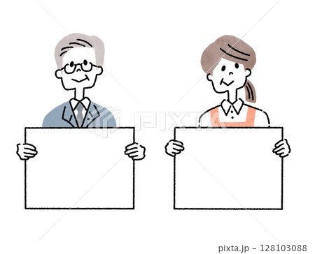 メッセージボードを持つシニア世代の元気に働く男性と女性 128103088