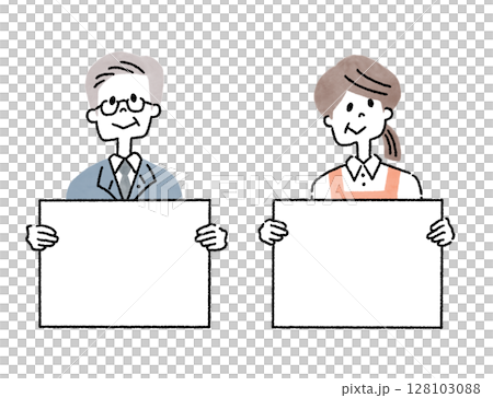 メッセージボードを持つシニア世代の元気に働く男性と女性 128103088