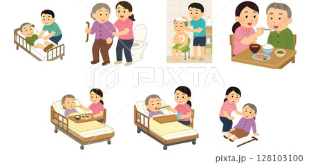 介護支援イラスト7点セット（排泄・移動・入浴・食事・口腔ケア・転倒対応） 128103100