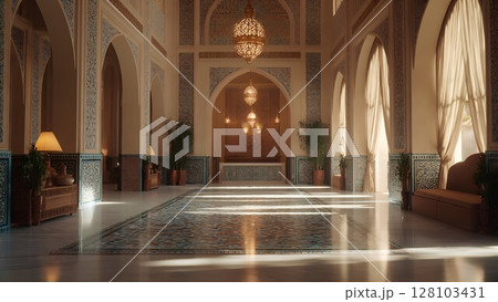 An Elegant Architectural Interior Featuring Soft Lighting and Rich, Intricate Design Elements 128103431