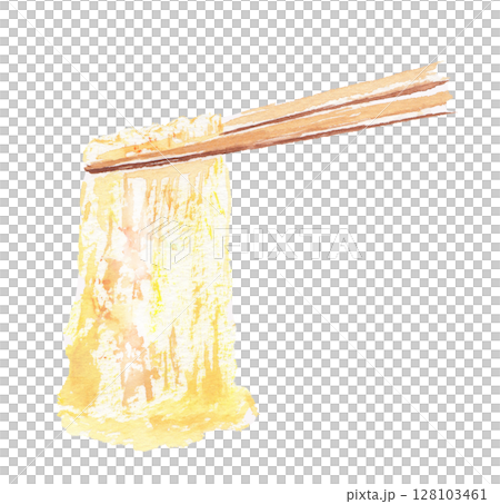 水彩畫描繪了從鍋中撈出的腐竹——一種光滑細膩的日本食物 128103461
