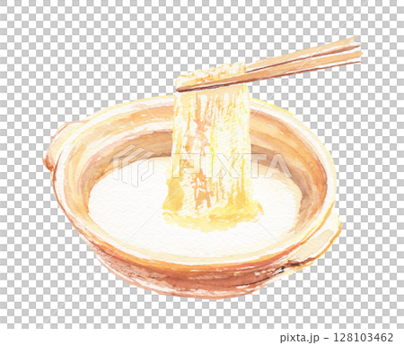 Watercolor illustration of yuba being pulled out of a pot - a smooth and delicate Japanese food 128103462