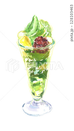 抹茶パフェの水彩イラスト – 白玉と小豆を添えた和スイーツ 128103463