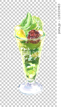 抹茶凍糕的水彩插圖 - 含白玉和紅豆的日本甜點 128103463