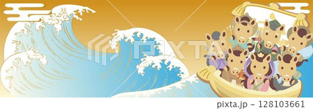 バナー　フレーム　年賀状2026　年賀2026　七福神　午　午年　馬　海　テンプレート　イラスト素材 128103661