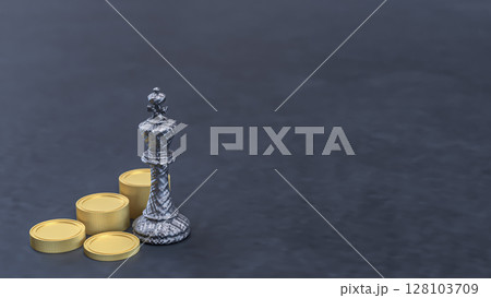 The King Chess and gold coins for Business concept 3d Rendering. The King Chess and gold coins for Business concept 3d Rendering. 128103709
