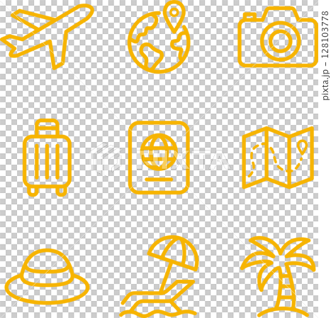 アイコン　旅行　トラベル　ピクトグラム　飾り　あしらい　シルエット　線　シンプル　イラスト素材セット 128103778