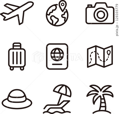 アイコン 旅行 トラベル ピクトグラム 飾り あしらい シルエット 線 シンプル イラスト素材セット アイコン 旅行 トラベル ピクトグラム 飾り あしらい シルエット 線 シンプル イラスト素材セット 128103779