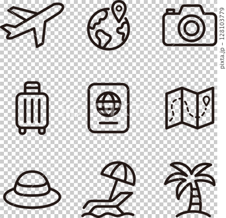 アイコン 旅行 トラベル ピクトグラム 飾り あしらい シルエット 線 シンプル イラスト素材セット アイコン 旅行 トラベル ピクトグラム 飾り あしらい シルエット 線 シンプル イラスト素材セット 128103779