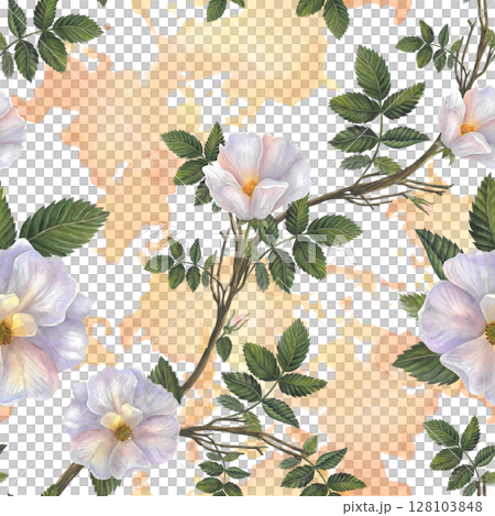 Flowers and branches with leaves rose hips. Seamless pattern on a watercolor background for fabric, textile, prints, design 128103848