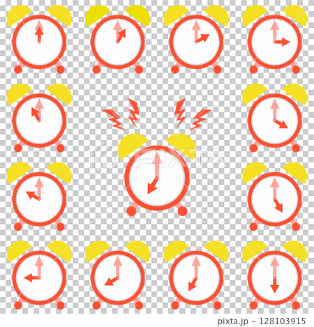 紅色鬧鐘 0:00-12:00 和鬧鐘圖示集 紅色鬧鐘 0:00-12:00 和鬧鐘圖示集 128103915
