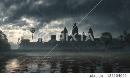 雨降るアンコールワットと水面に映る景色 128104063