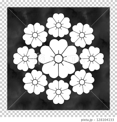 Family crest "Kuyo Sakura" illustration | Watercolor style, white outline, black square background, Japanese pattern, traditional Japanese pattern 128104133