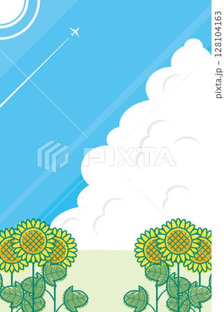 暑中見舞い　青空　雲　向日葵　飛行機　ポストカード　背景 128104163