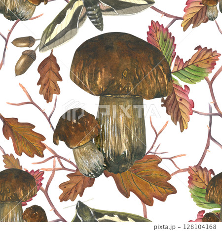 Mushrooms, autumn oak leaves, acorns, strawberry leaves and moth. Watercolor composition seamless pattern is hand-drawn, isolated on a transparent background. For textiles, cards and invitations Mushrooms, autumn oak leaves, acorns, strawberry leaves and moth. Watercolor composition seamless pattern is hand-drawn, isolated on a transparent background. For textiles, cards and invitations 128104168
