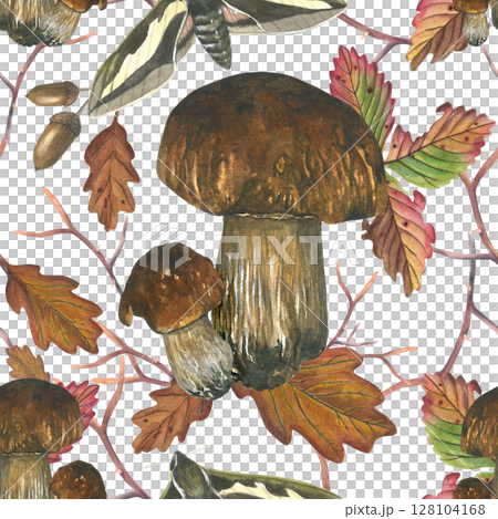 Mushrooms, autumn oak leaves, acorns, strawberry leaves and moth. Watercolor composition seamless pattern is hand-drawn, isolated on a transparent background. For textiles, cards and invitations Mushrooms, autumn oak leaves, acorns, strawberry leaves and moth. Watercolor composition seamless pattern is hand-drawn, isolated on a transparent background. For textiles, cards and invitations 128104168