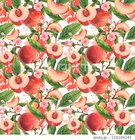 Watercolor pattern with peaches, nectarines. Pastel pattern for fabric, beige, peach color. Watercolor pattern with peaches, nectarines. Pastel pattern for fabric, beige, peach color. 128104241