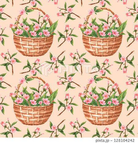 Seamless floral pattern in watercolor. Peach, apple flowers in basket Seamless floral pattern in watercolor. Peach, apple flowers in basket 128104242