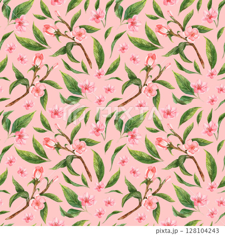 Seamless floral pattern in watercolor. Peach, apple flowers. 128104243