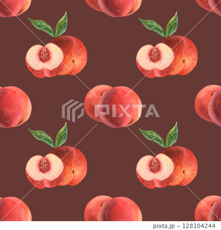 Watercolor pattern with peaches, nectarines. Pastel pattern for fabric, beige, peach color. Brown, dark background 128104244