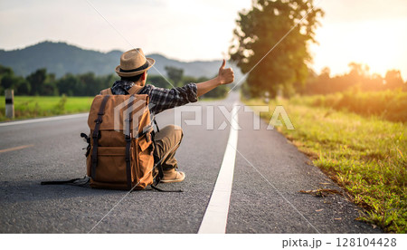 道路に座りヒッチハイクをする男性の姿の風景 128104428
