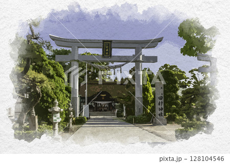水彩画風　田村神社　表大鳥居　香川県高松市 128104546