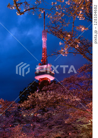 ライトアップされた宇都宮タワーと八幡山公園の夜桜（栃木県宇都宮市、4月撮影） 128104682