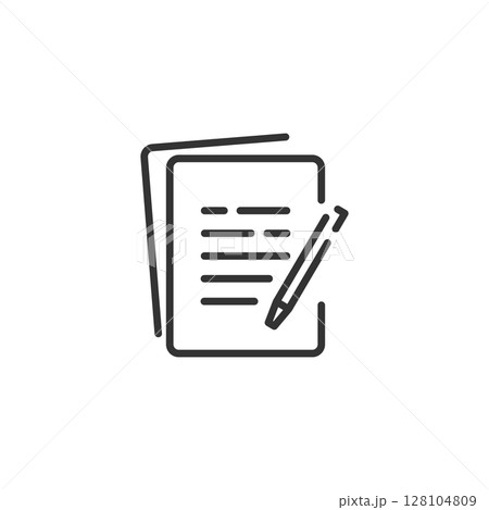 コンテンツ考案や企画書をイメージしたシンプルな書類とペンのベクターアイコン (線画、モノクロ) 128104809