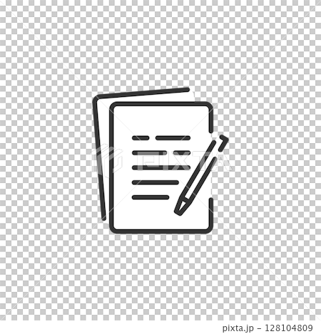 コンテンツ考案や企画書をイメージしたシンプルな書類とペンのベクターアイコン (線画、モノクロ) 128104809