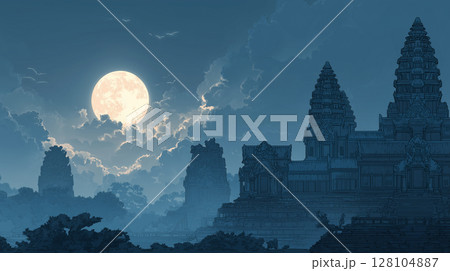 夜空に輝く満月と、幻想的なアンコールワットのシルエット 夜空に輝く満月と、幻想的なアンコールワットのシルエット 128104887